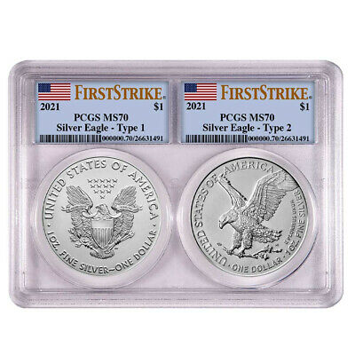 Presale - 2021 $1 Type 1 and Type 2 Silver Eagle Set PCGS MS70 FS Flag Label