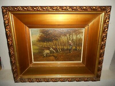 Antique oil painting, +- 1900, { Herder with her flock of sheep, great frame! }.