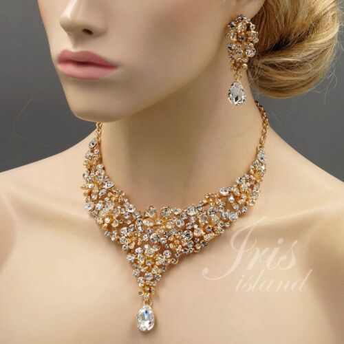 18K Gold Plated Flower Crystal Necklace Earrings Bridal Wedding Jewelry Set 0898