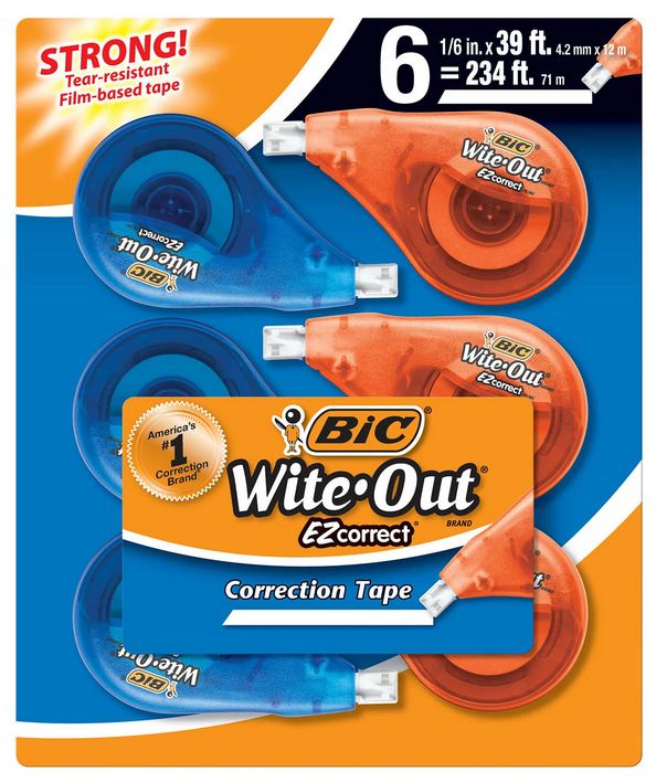 BIC Wite-Out Brand EZ Correct Correction Tape, White, 6 Count