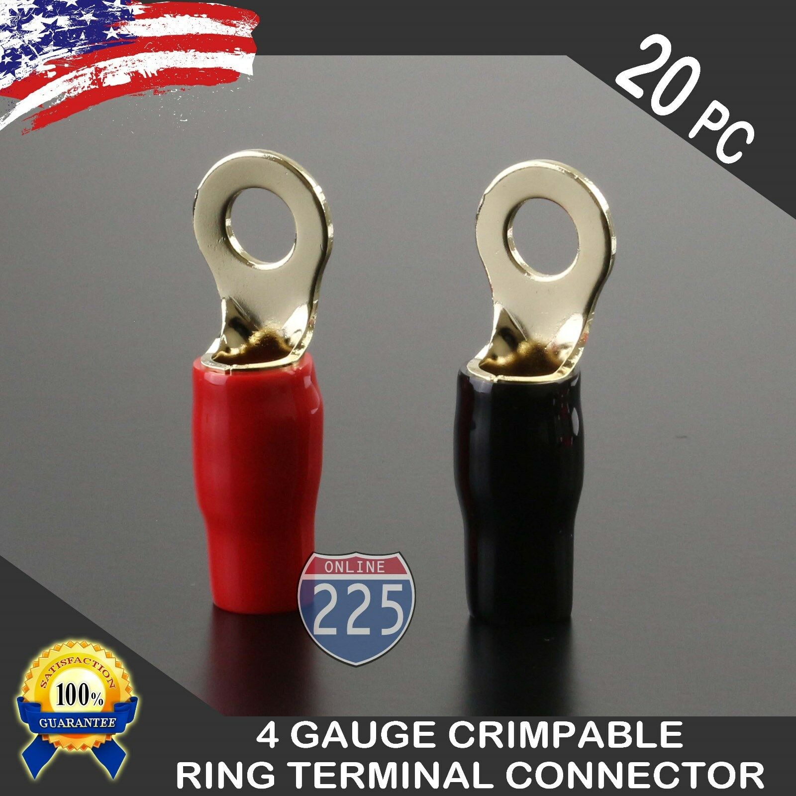 4 Gauge Gold Ring Terminal 20 Pack 4 AWG Wire Crimp  Red Black Boots 5/16