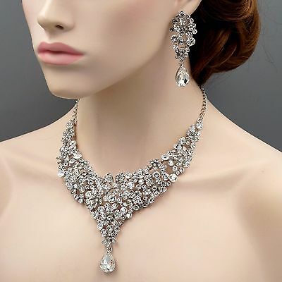 Rhodium Plated Flower Crystal Necklace Earrings Bridal Wedding Jewelry Set 09796