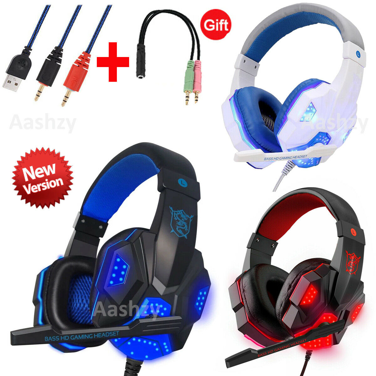 Gaming Headset Mic LED 3.5mm Headphones Stereo Surround  PS5 PS4 Xbox ONE iPad