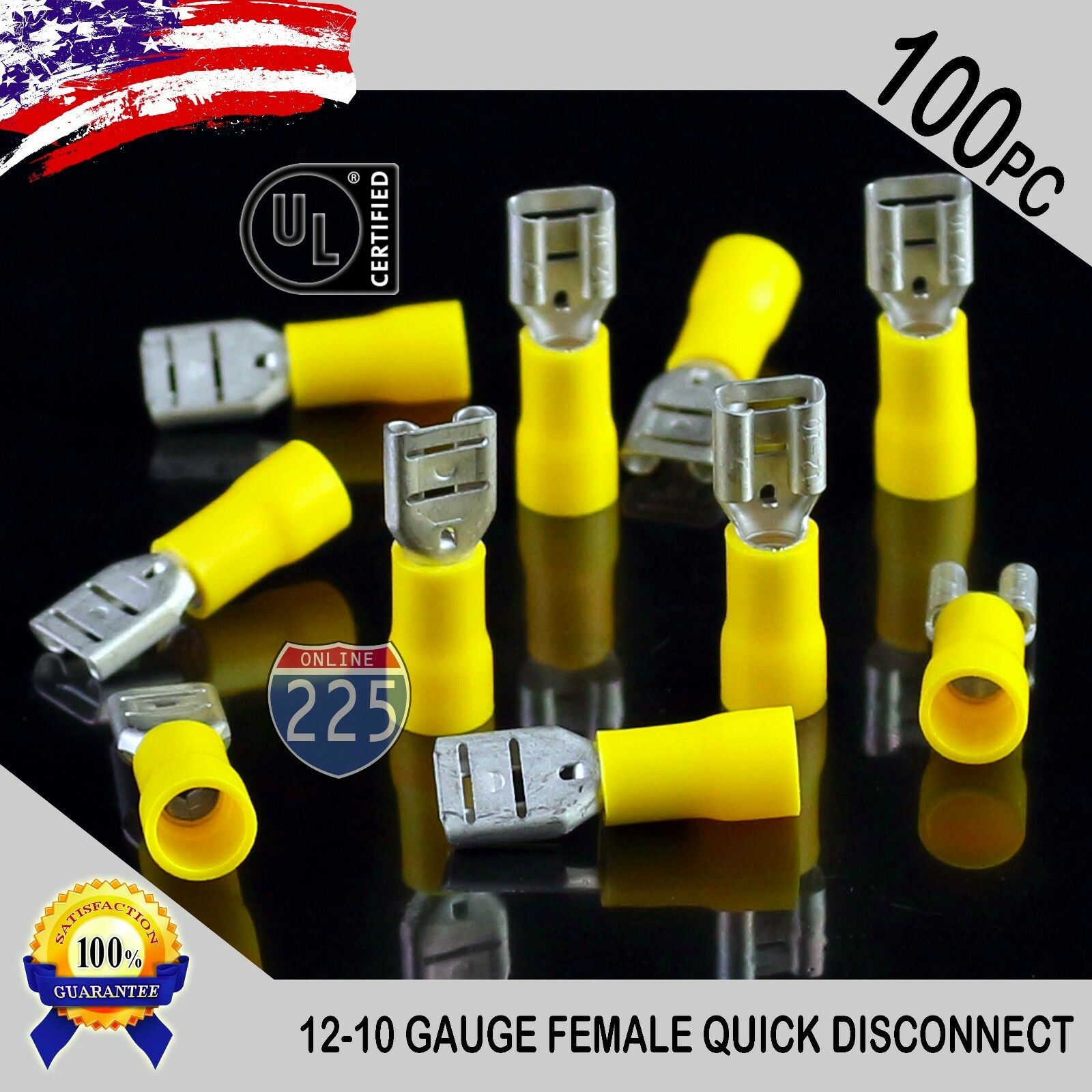 100 Pack 12-10 Gauge Female Quick Disconnect Yellow Vinyl Crimp Terminals .250