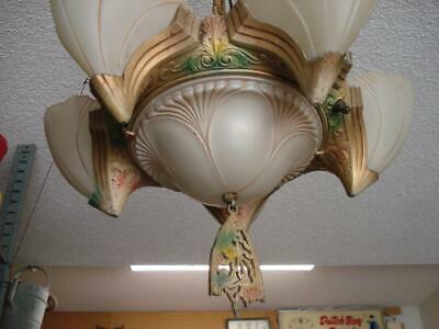Antique Art Deco Five Batwing Slip Shade Ceiling Chandelier