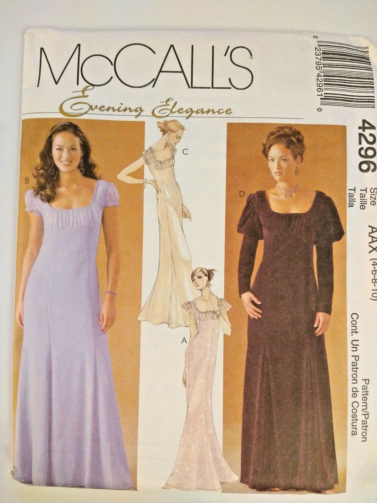 McCall's 4296  4-6-8-10 Sewing Pattern Women's Empire Princess Gown Dress