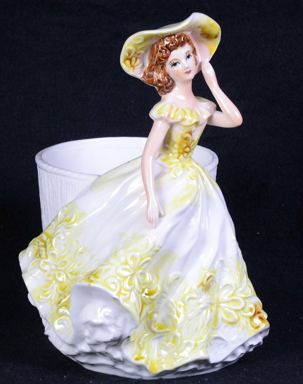 Vintage ENESCO #E-7294 Lady PLANTER Yellow & White Gown & Hat 8