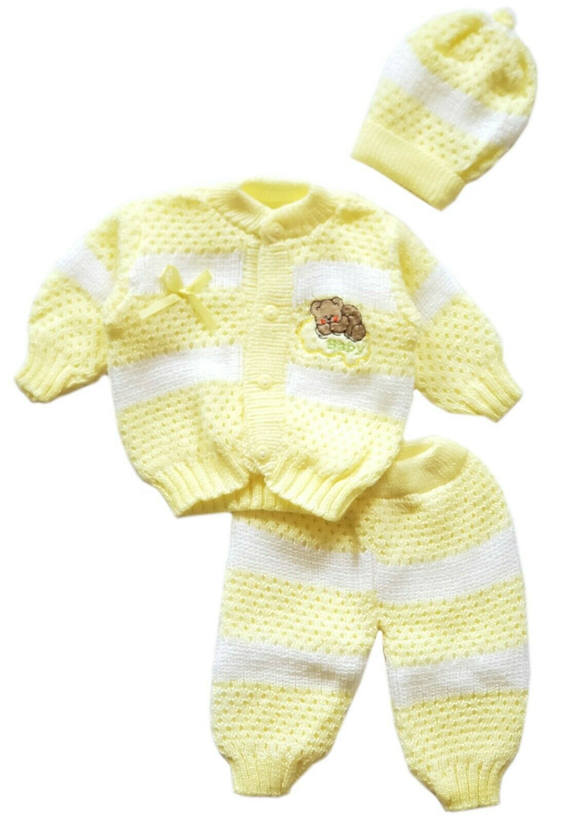 Baby Crochet Girl and Boy Newborn Beanie Hat Sweater and Pants 3 PC Outfit Set